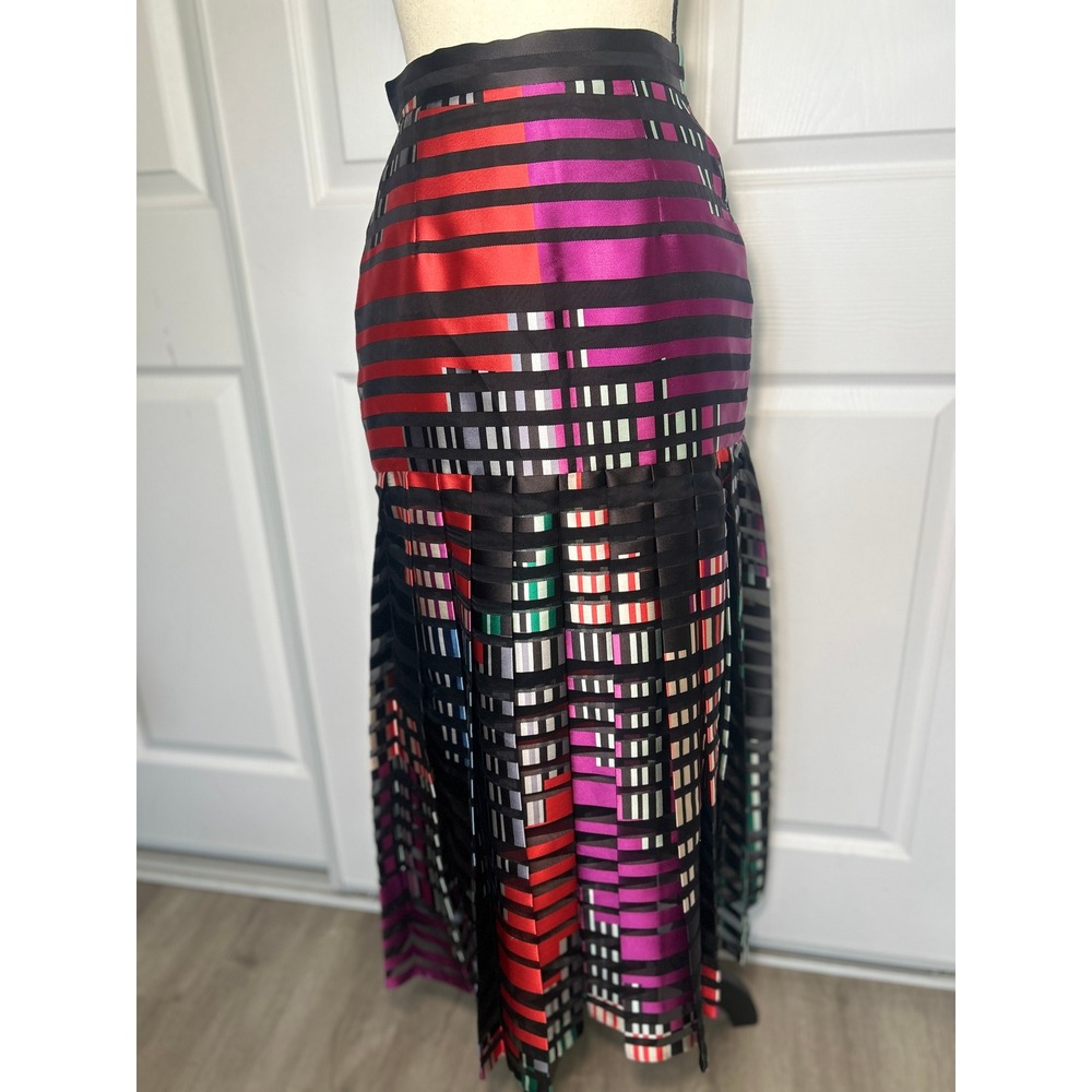 Fendi Silk Pleated Maxi Skirt Geometric Stripe Mermaid Multicolor Italy Waist 26
